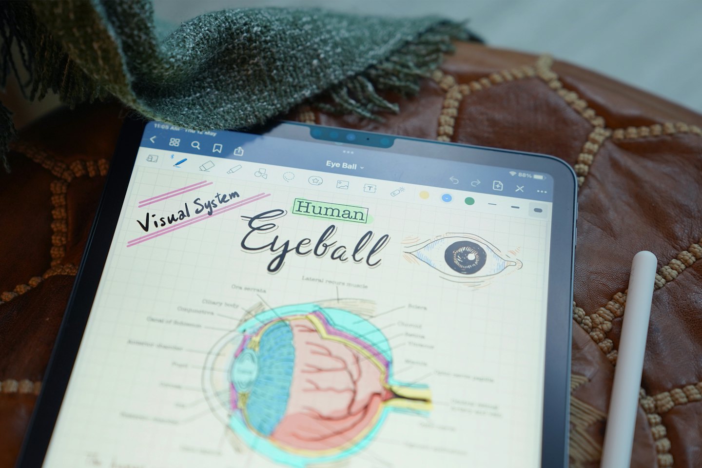 Una tableta muestra un diagrama anatómico de un globo ocular con notas escritas a mano.